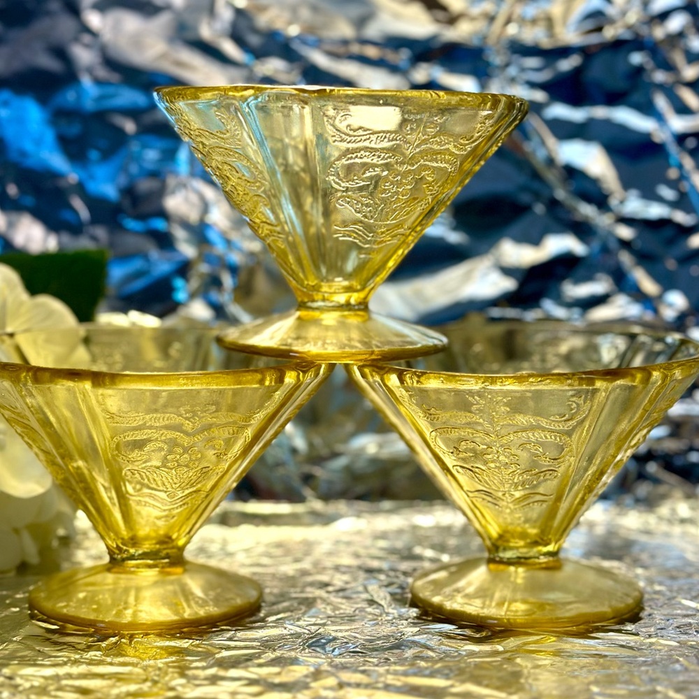 3 Footed Sherbet Cones Cups Amber Yellow Federal Depression Glass Madrid Pattern